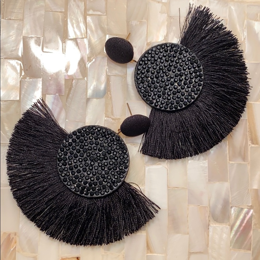 Post Drop Crystal Center Black Fan Fringe Earrings - Picture 8 of 9